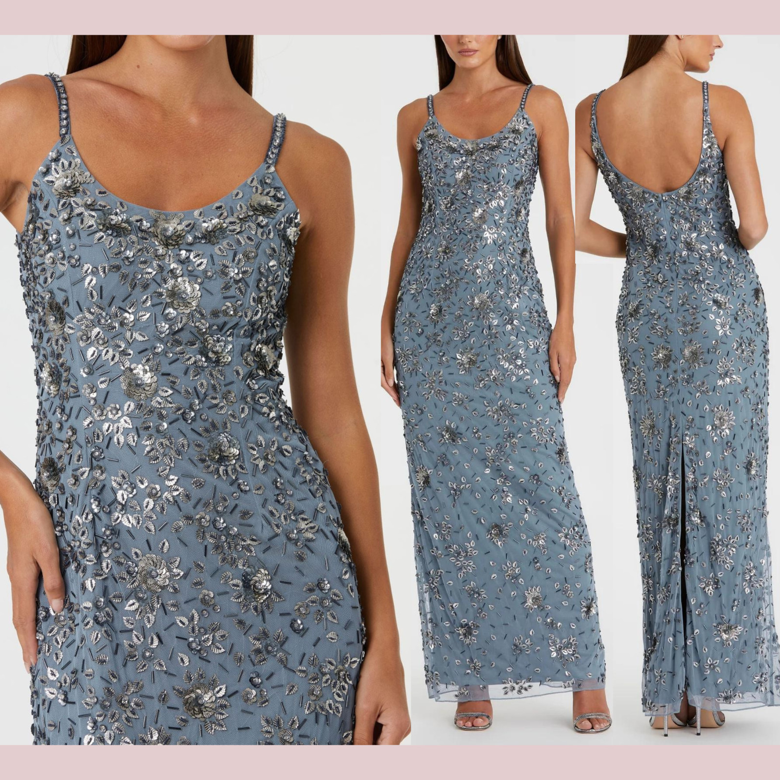 NWT Mac Duggal [ 0 ] 5477 Floral Embellished Scoop Neck Evening Gown Slate Q1072