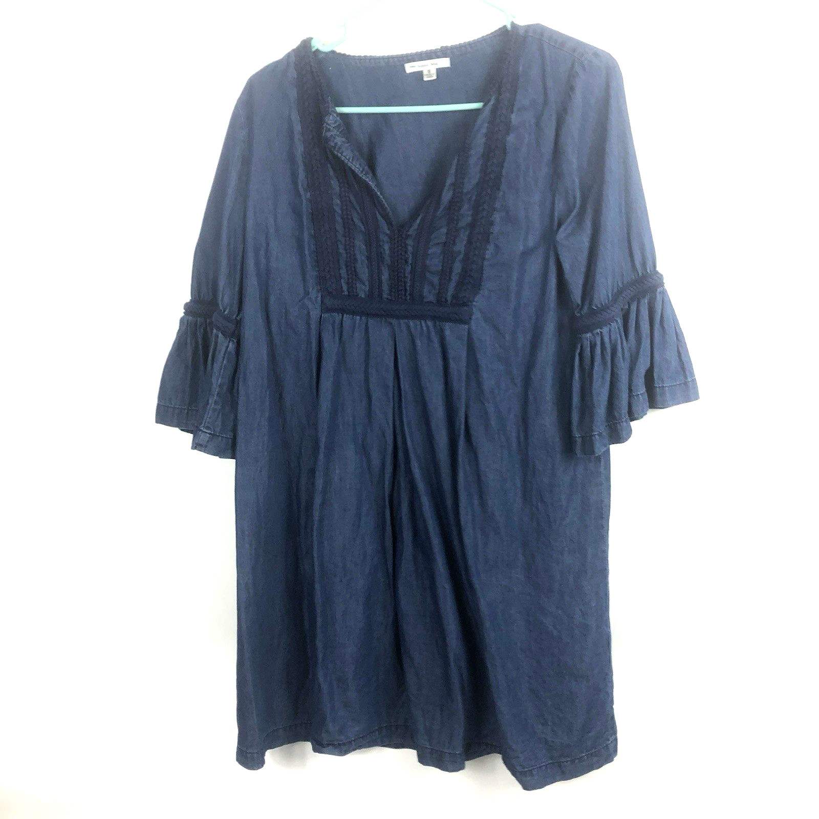 Sophia Max Women’s Round Split Neck Blue Denim Color 3/4 Bell Sleeve Dress Sz S