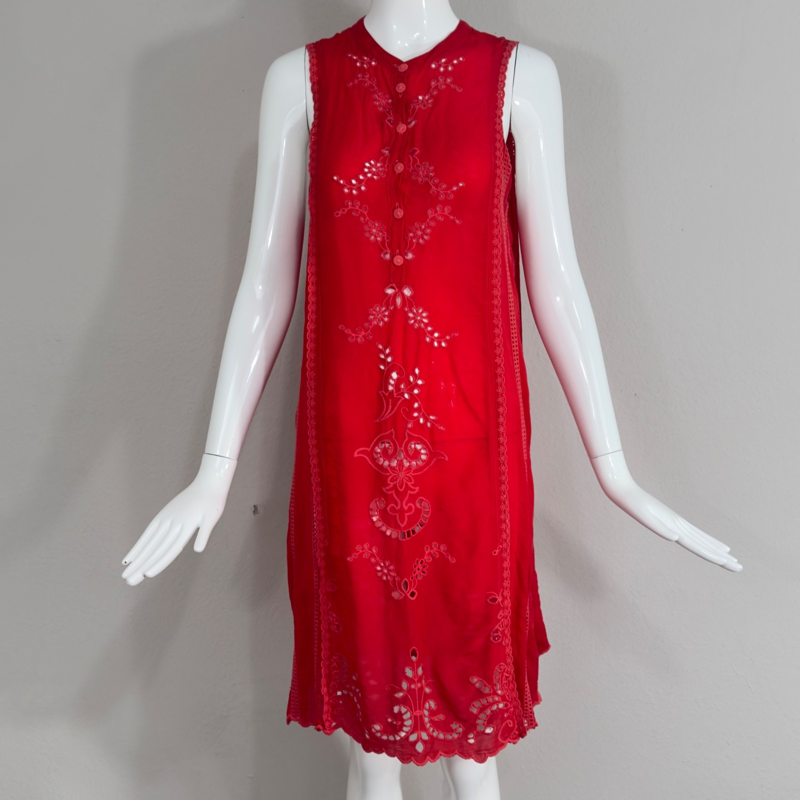 Johnny Was Rhodes Sleeveless Shift Dress Scarlet Red Embroidered Eyelet Accent M