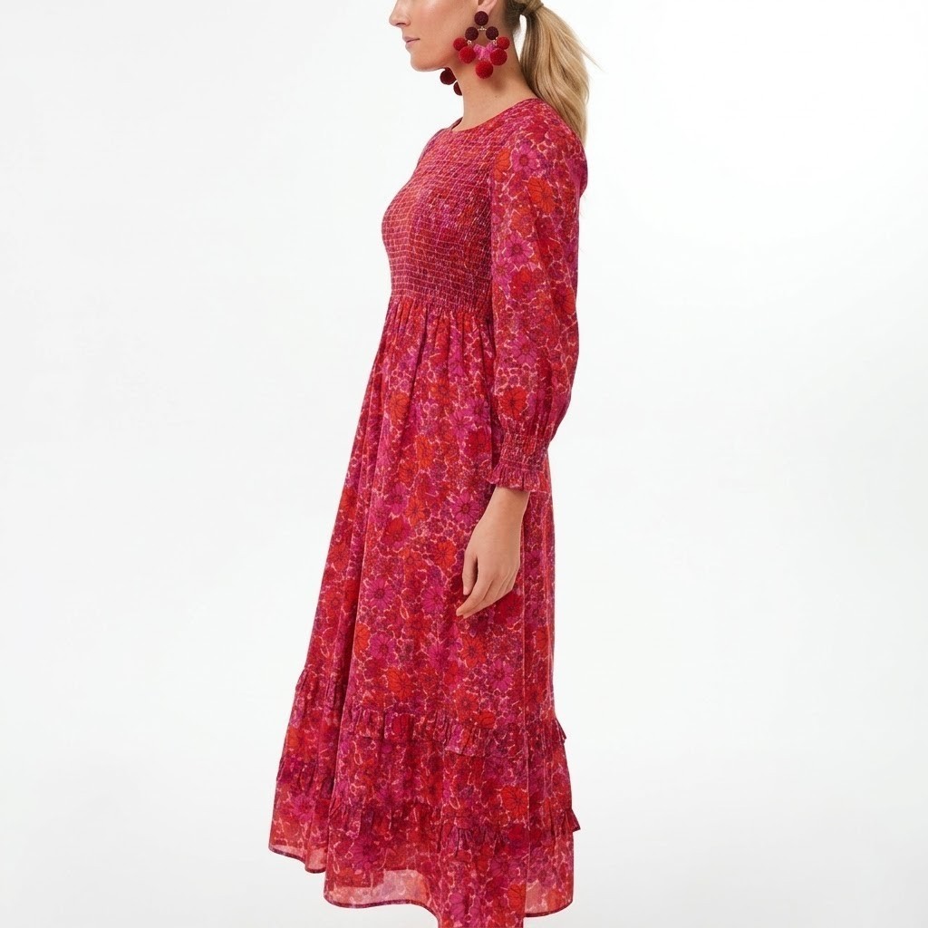 NWT PINK CITY PRINTS Classic Isabel in Vintage Poppy Floral Cotton Midi Dress M