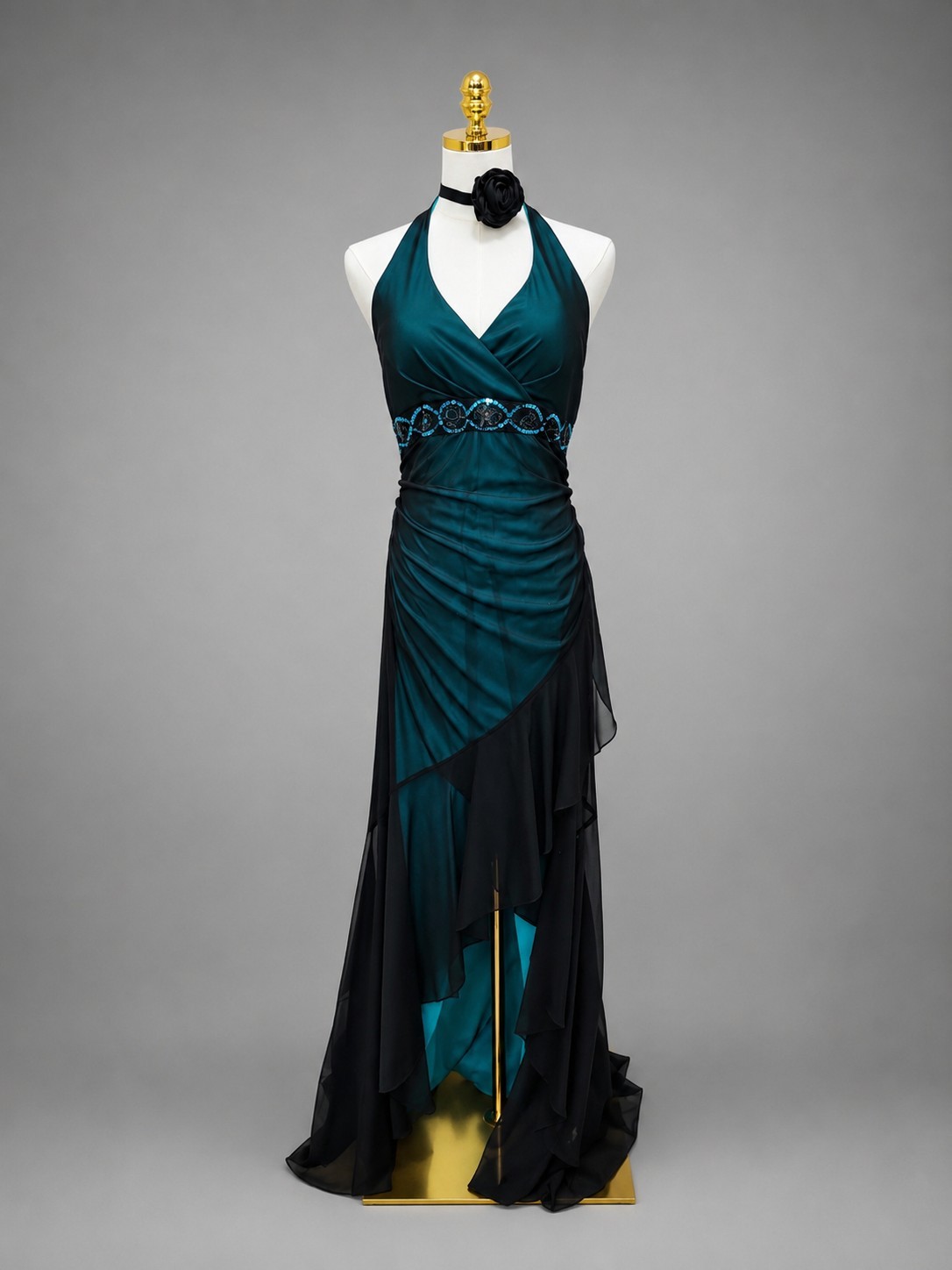 Vintage Y2K City Triangles Green Black High Low Halter Dress Whimsigoth Womens L