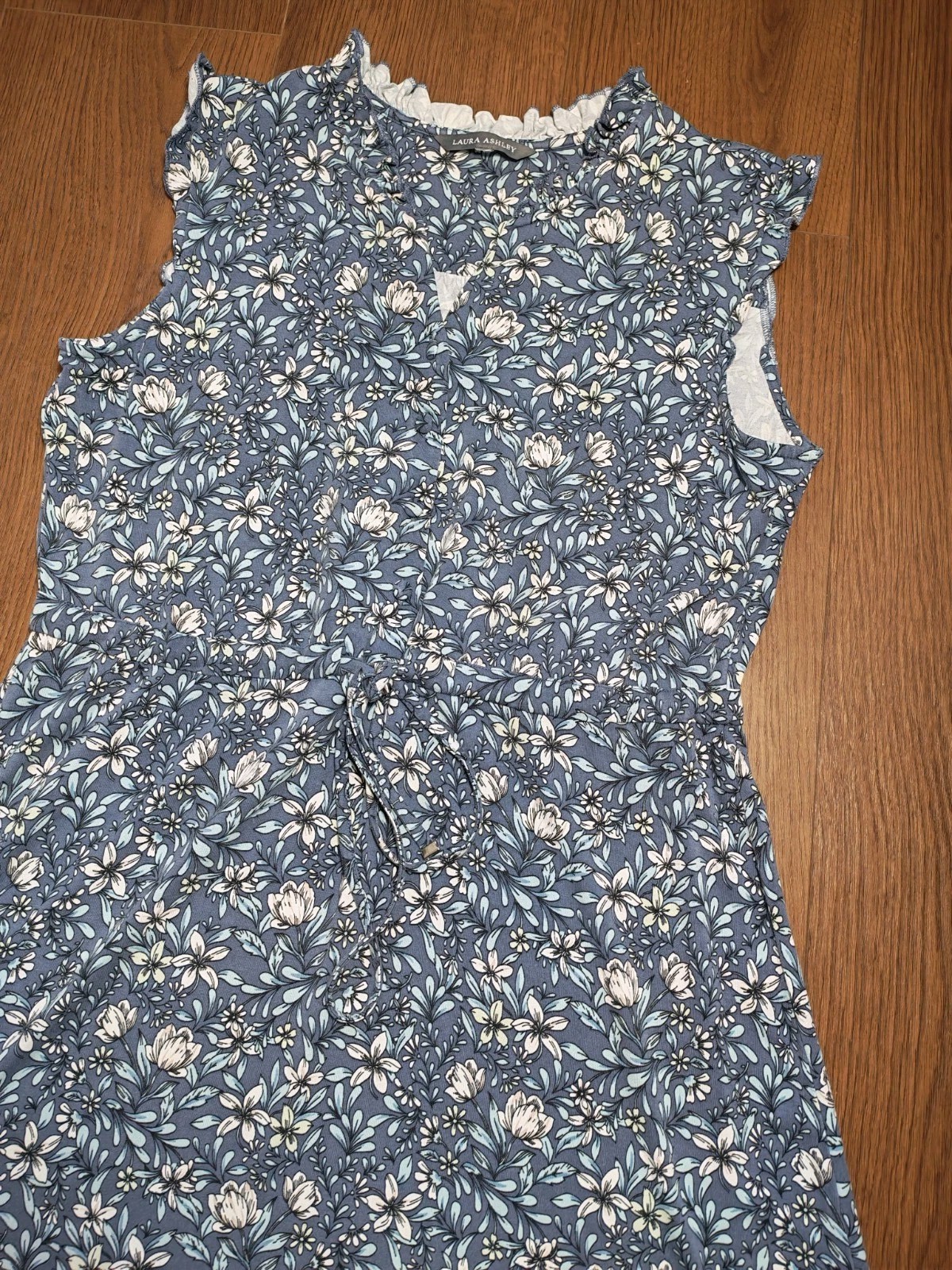 Beautiful Laura Ashley Blue Floral Stretch Frill Dress Waist Tie Belt UK 18