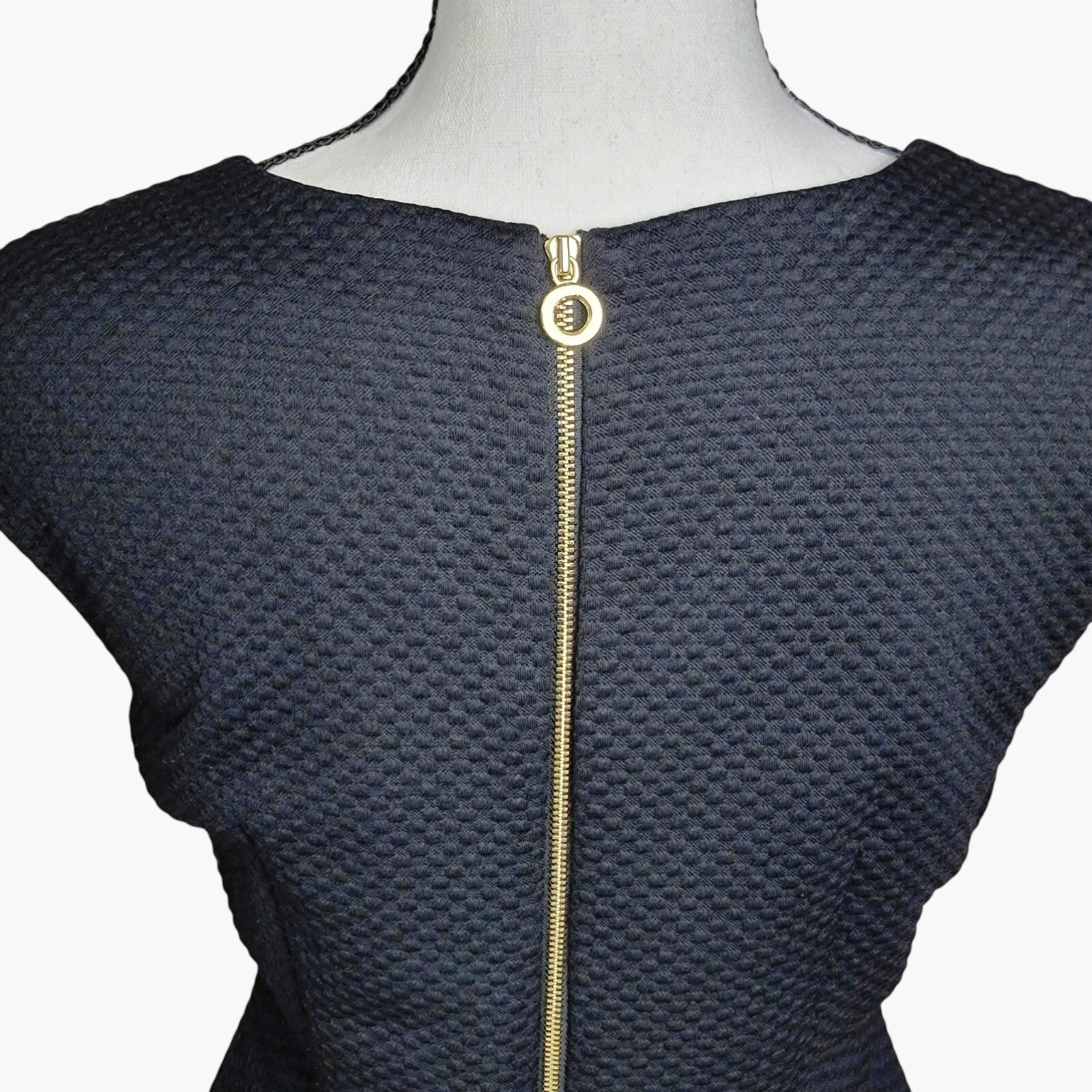 Calvin Klein Black Sheath Dress with Textured Fabric and Gold Zipper Accents