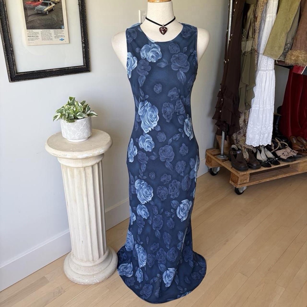 VTG Long Floral Blue Maxi Dress Women’s Size Medium