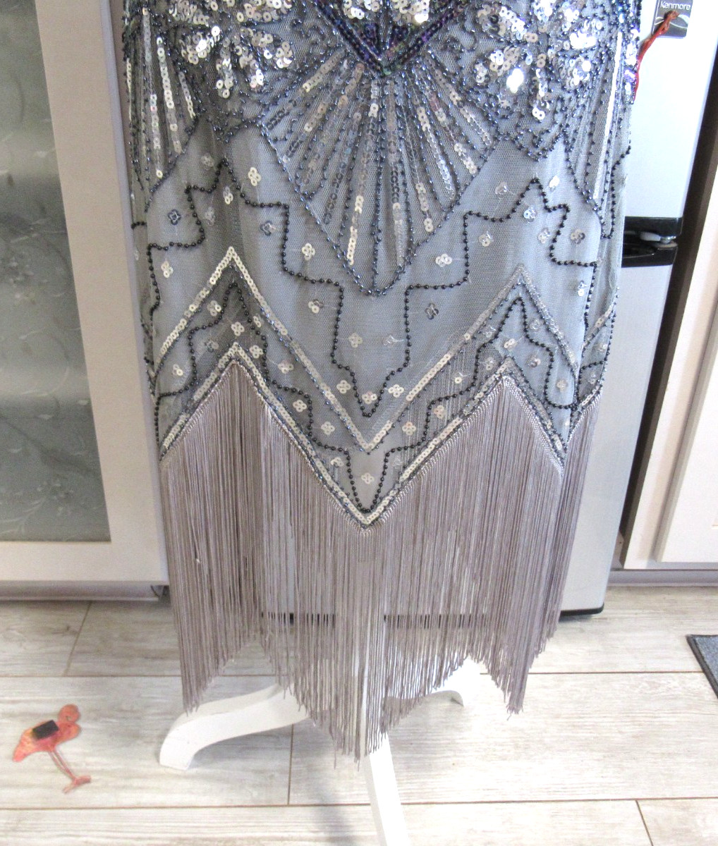 METME FLAPPER FRINGE BLACK BEADS SILVER SEQUINS SHORT SLEEVES SZ L ORIGINAL TAG