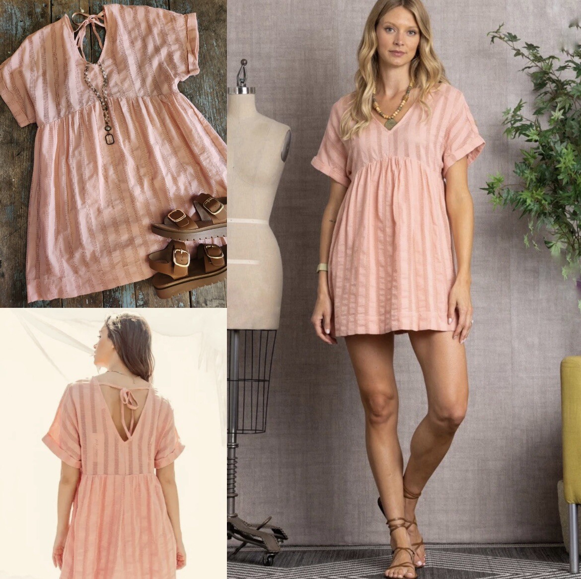 NEW IN Babydoll Eyelet Mini Dress S Peachy Pink 100% Light Cotton Beach Coverup