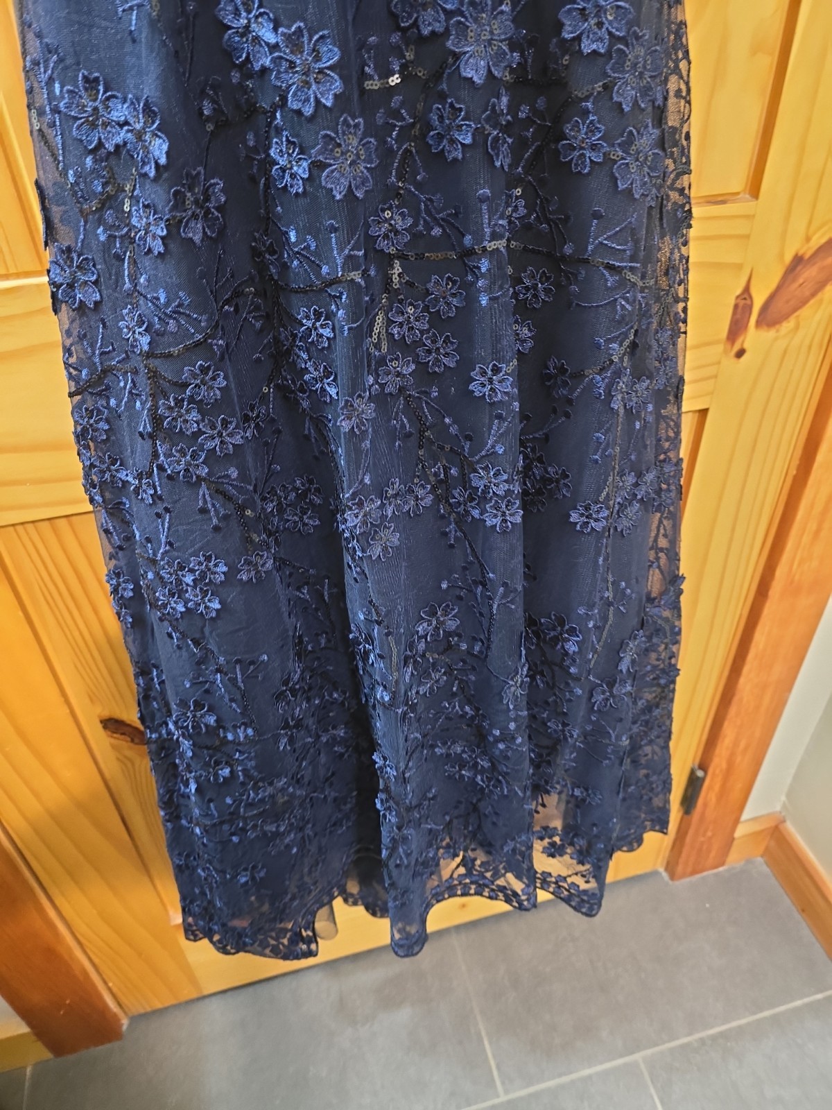 Teri Jon by Rickie Freeman Navy Lace Sequin High/Low 10 Flaw at button clasp