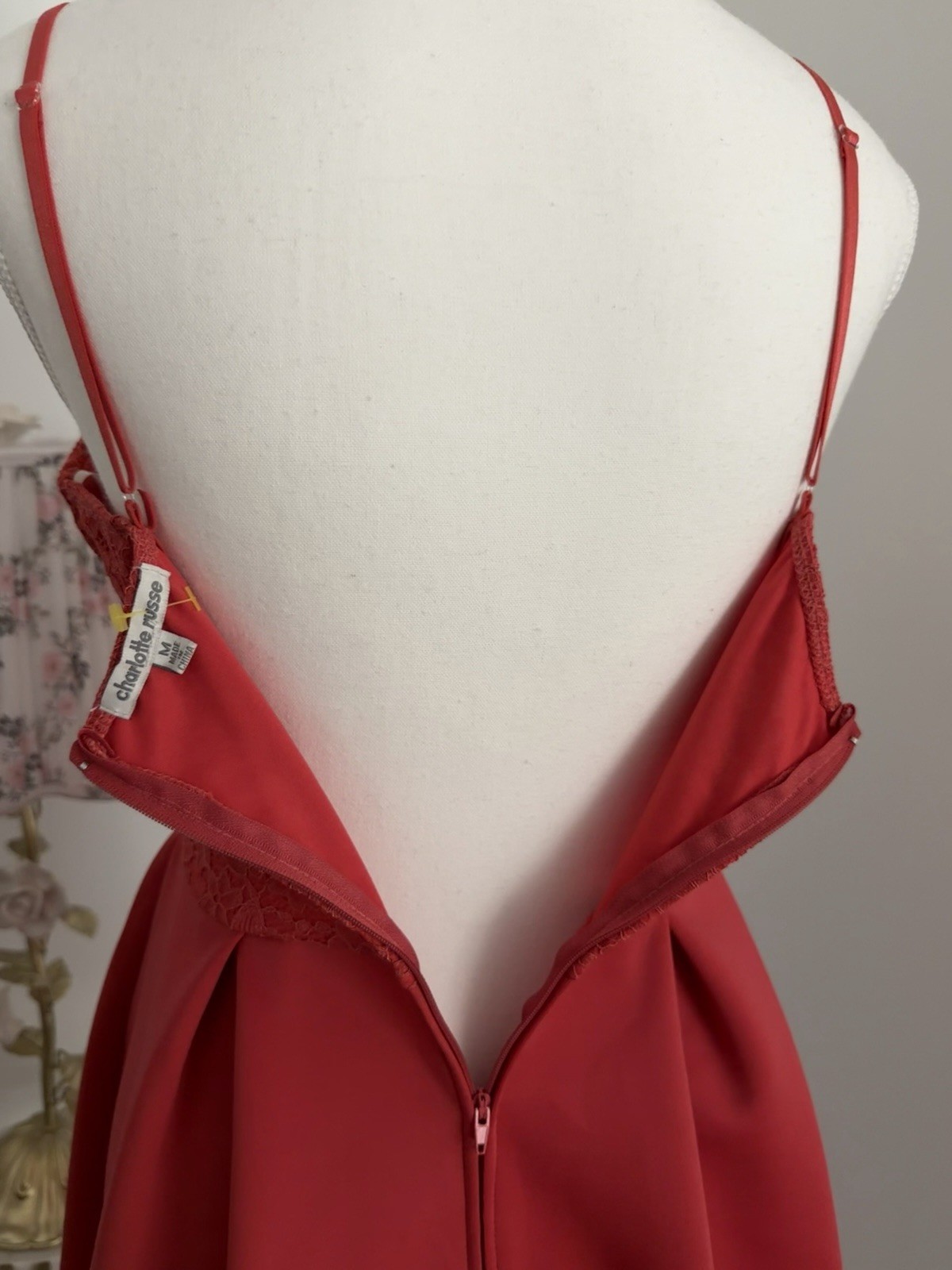 Charlotte Russe Red Solid Lace Bodice Fit & Flare V-Neck Strappy Dress M