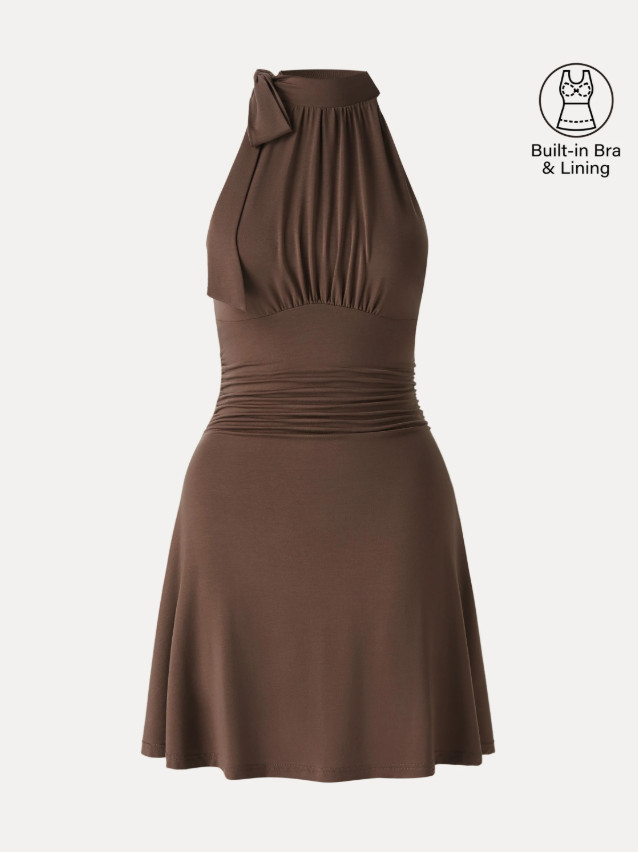OGL Milky Matte Mockneck Ruched Mini Dress Built-In Bra Bow Tie Women
