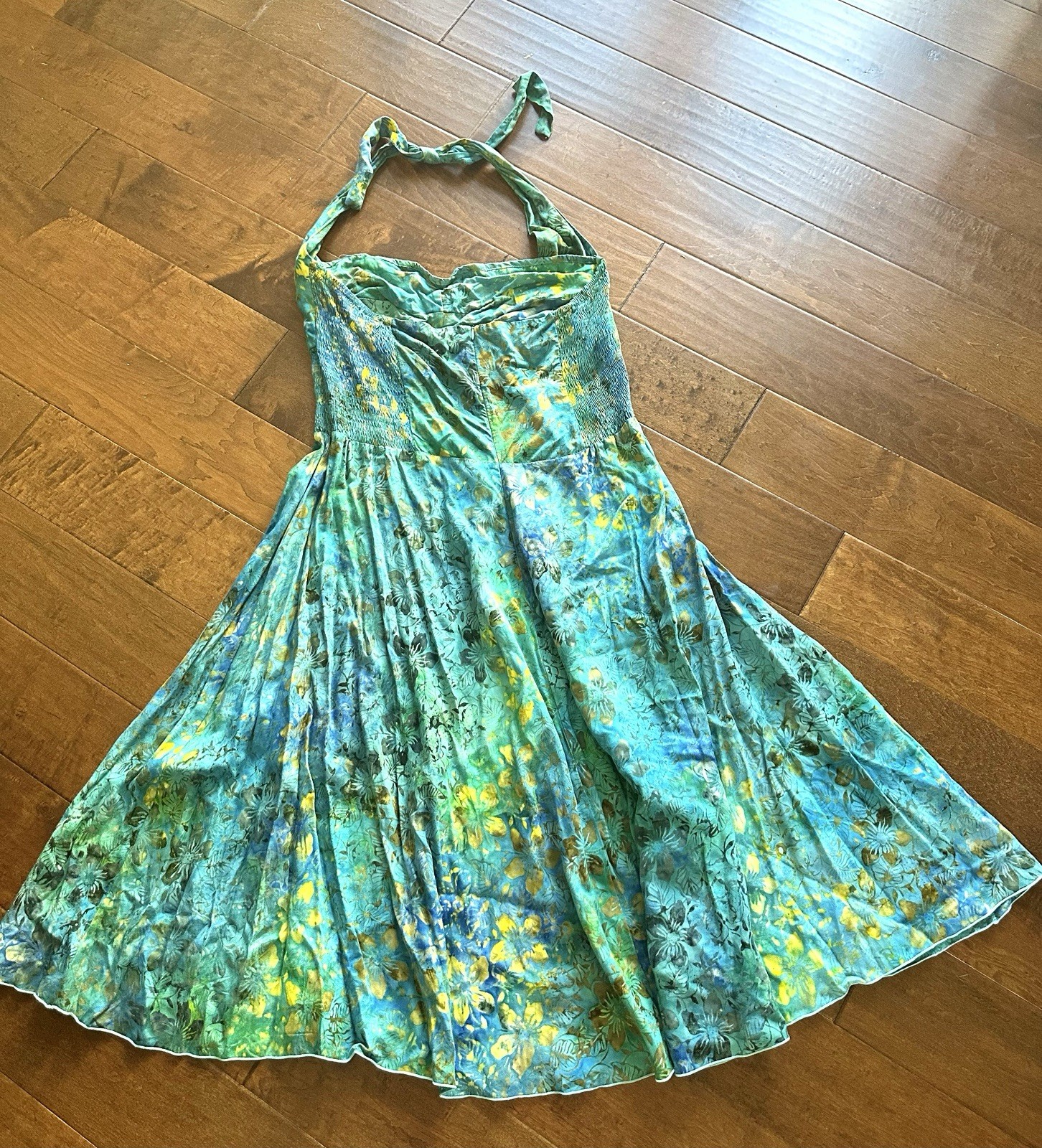 Pineapples Hawaii XL Beaded Floral Halter Dress Blue Rayon Resort Tropical