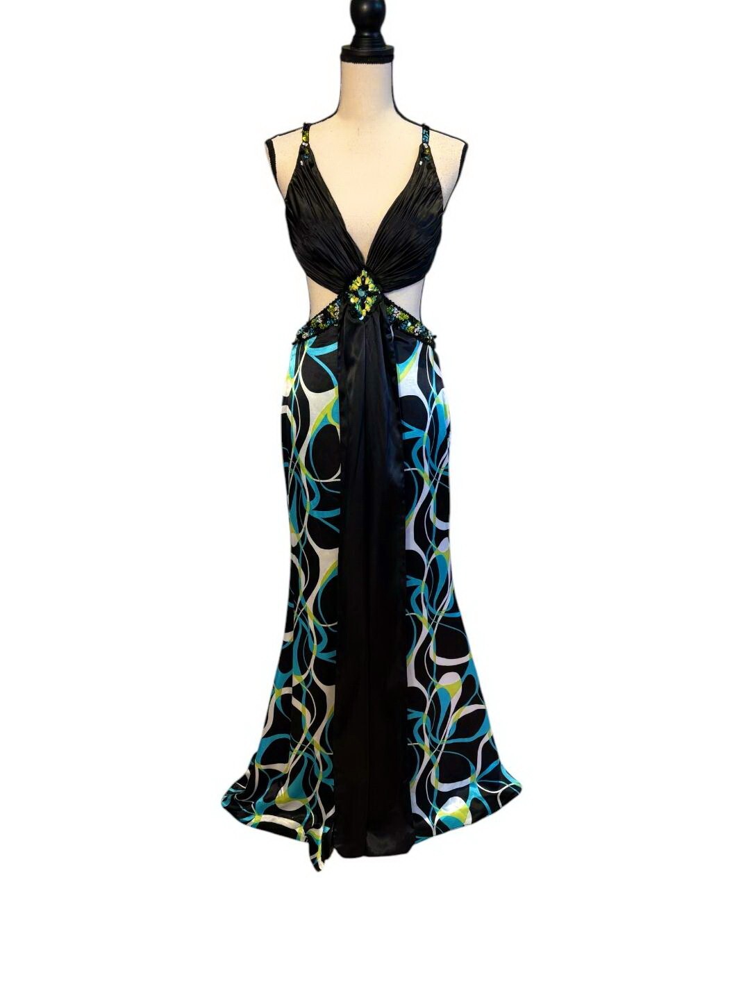 Landa Cire Black Ribbon Embellished Open Back Satin Charmeuse Gown Size 8 $438