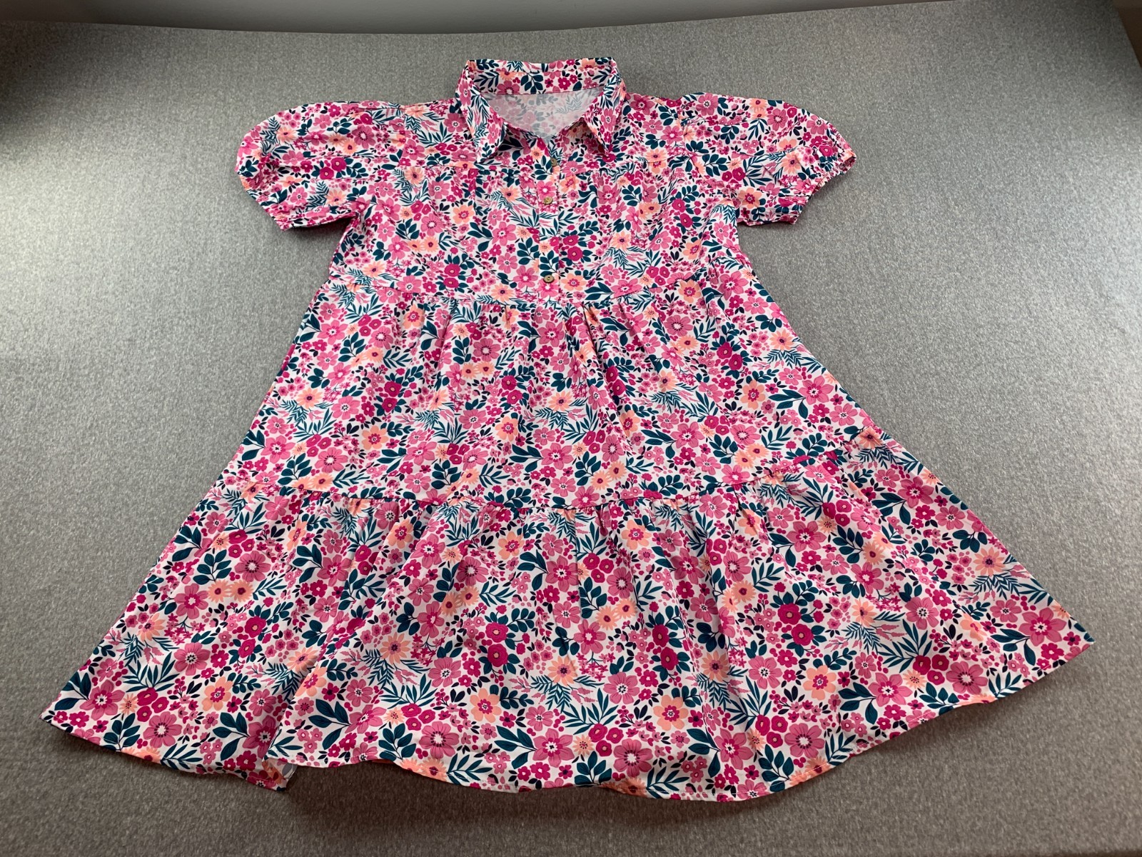 Floral Collard Tiered Swing Dress Womens Large Pink Cottage Core Preppy Sweet