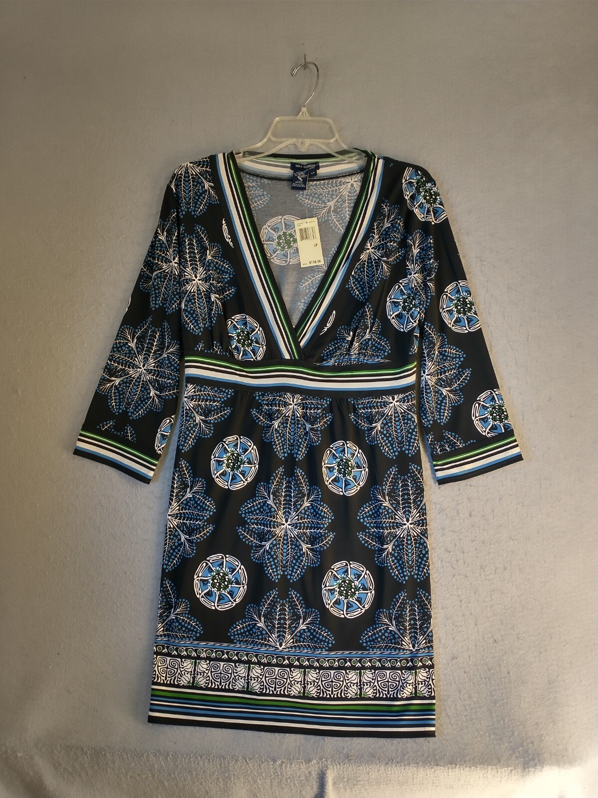 Max Edition Womens Dress LP Petite Black Blue Floral V Neck 3/4 Sleeve Pullover