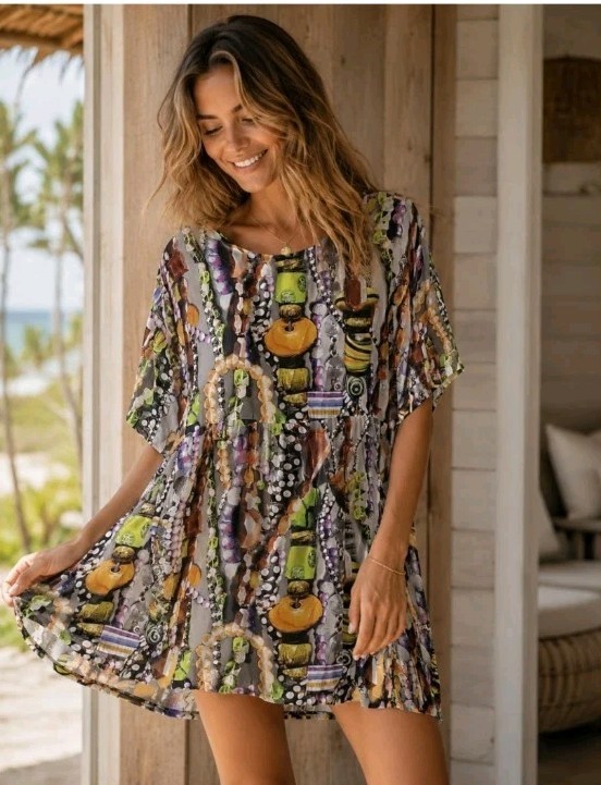 Bitte Kai Rand Dress Oversized Artsy Multicolor All Over Bead Jewel Print Size M