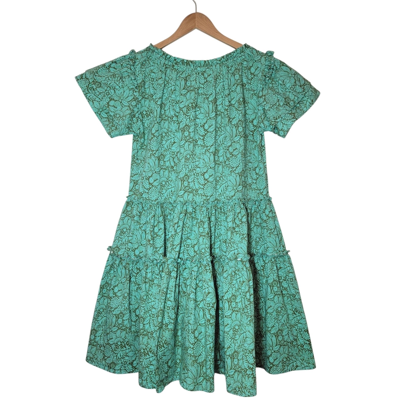 Sundance Liora Floral Leaf Cotton Tiered Ruffle Dress Short Sleeve Green S