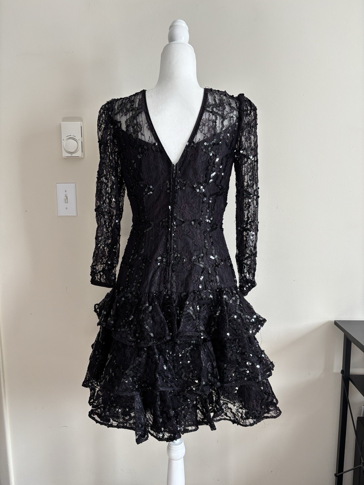 Vintage 80s Julie Duroche After Five Black Dress Sequin Lace Dramatic Goth