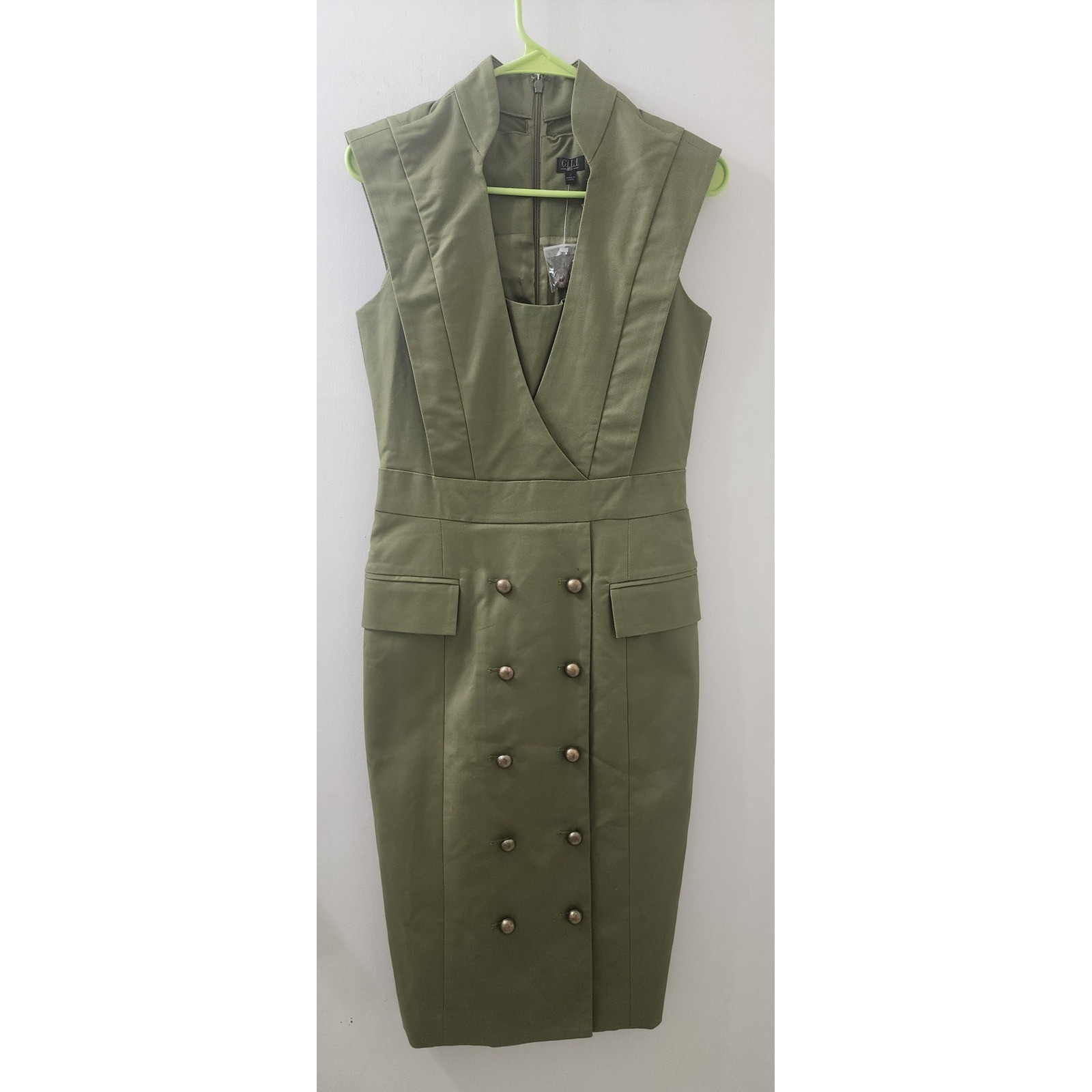 G.I.L.I. Womens Olive Green Military Sheath Dress Double Breasted Mock Neck 2