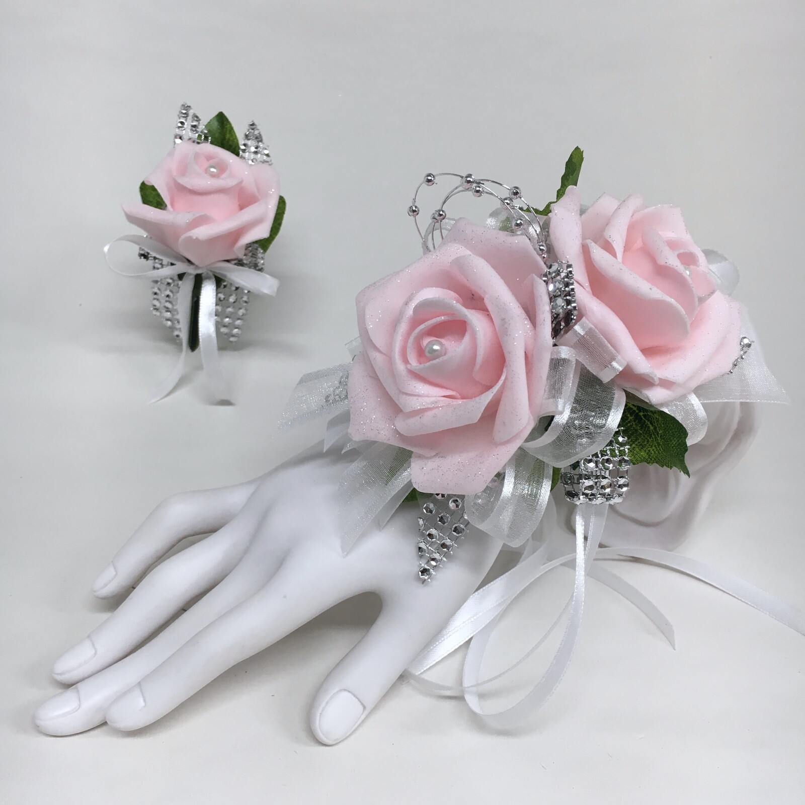 Glamour Double Pink Foam Roses on White with Silver Trim Prom Corsage Combo