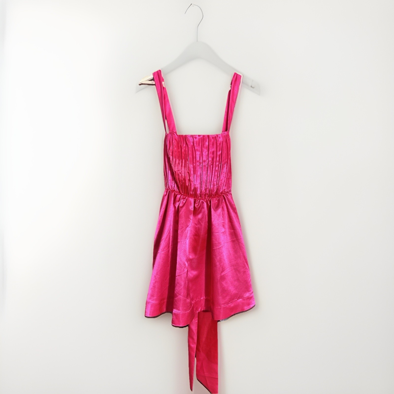 Anthropologie Satin Fit Flare Formal Dress Hot Pink Pleated Bow Back Sz 10 NWT