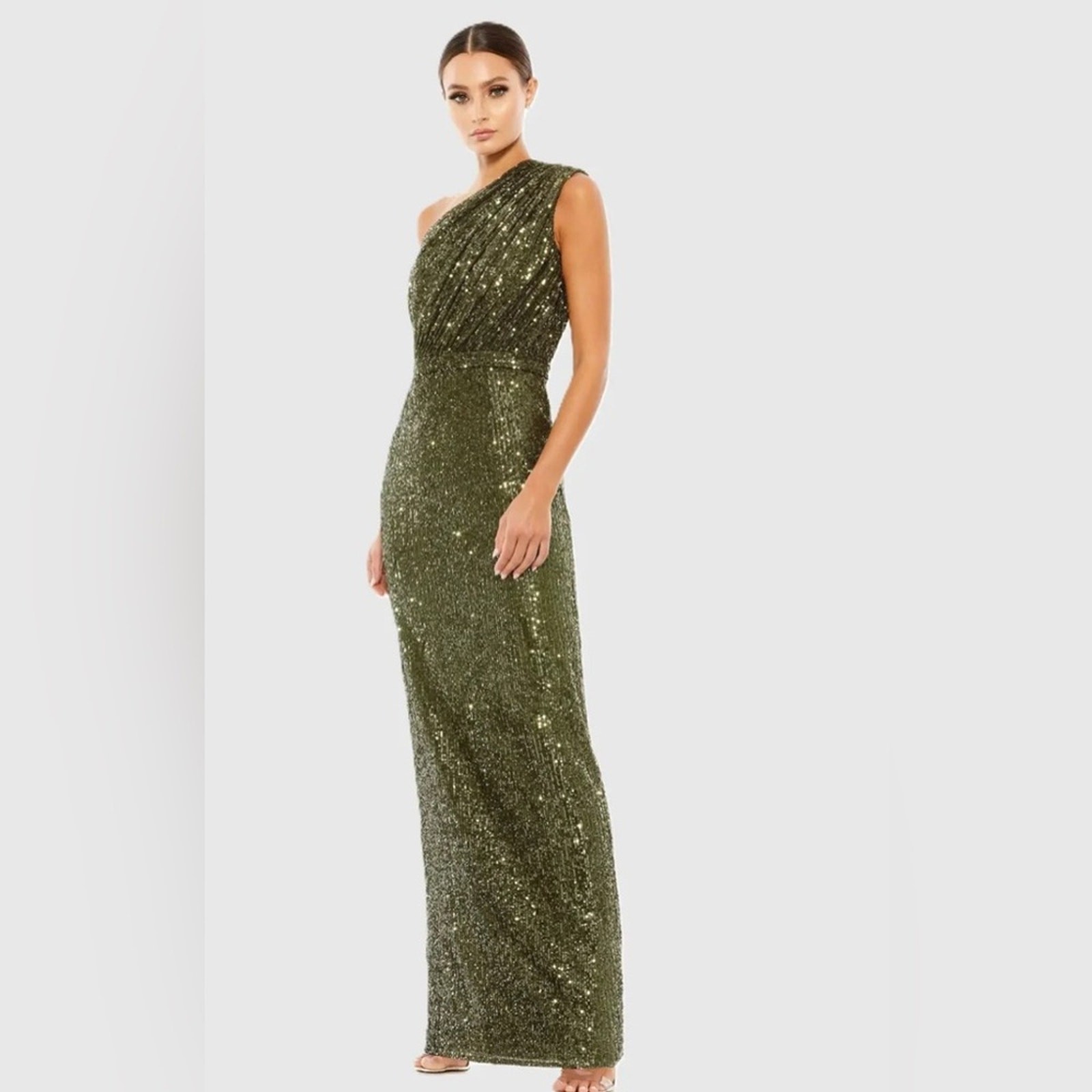 New MAC DUGGAL Dark Green Sequined Ruched One-Shoulder Gown – 26694 – Size 6