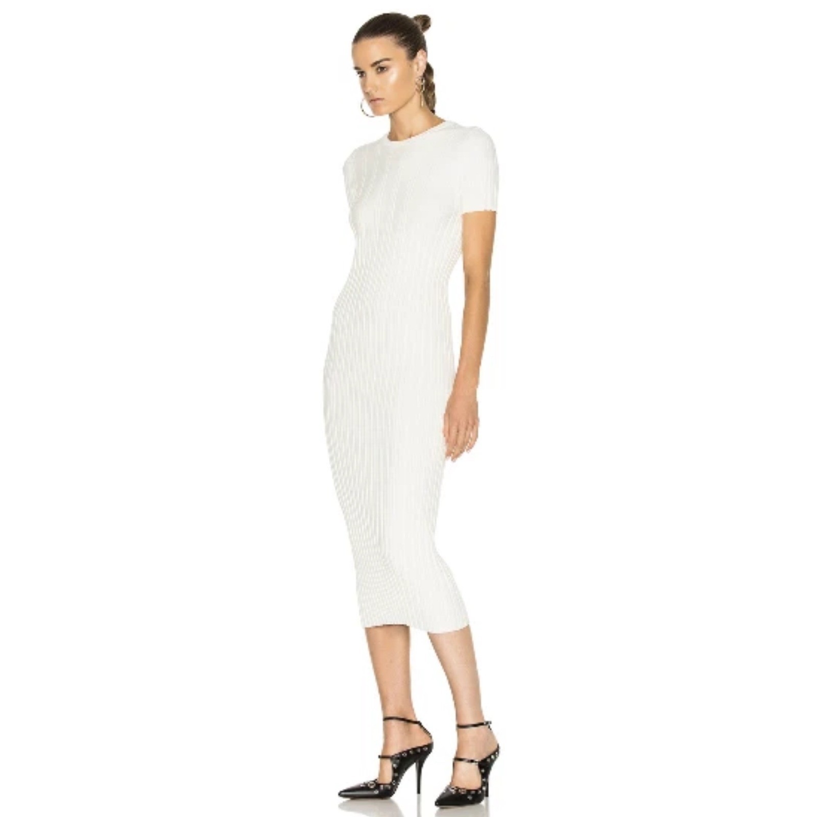 Helmut Lang White Ribbed Knit Keyhole Bodycon Midi Dress Baddie Minimalist XS