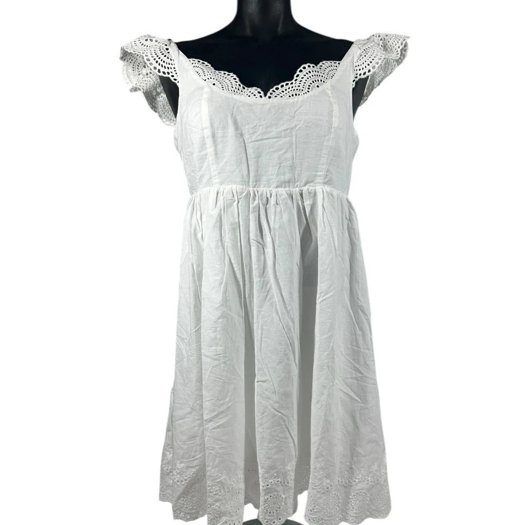 Lulus White Mini Sundress Small NWT Eyelet Hem Lace Flutter Sleeves Lined Cotton