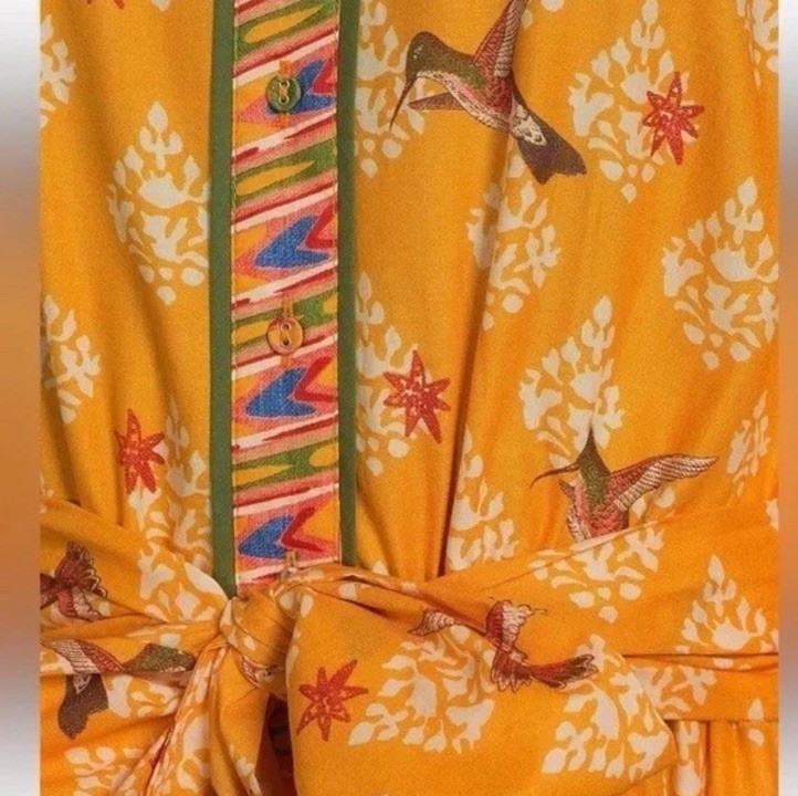 A Loves A Border Print Mandarin Collar Maxi Dress Sz XS Boho Hummingbird Bird