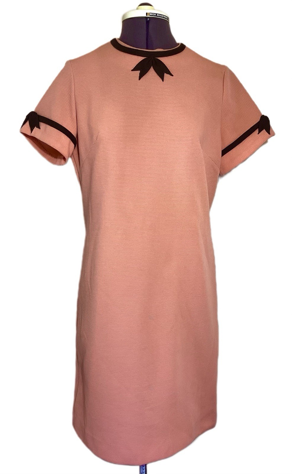 Handmade 60s Mod Retro Mini Shift Dress Size M Pink Salmon Contrast Bow Twiggy