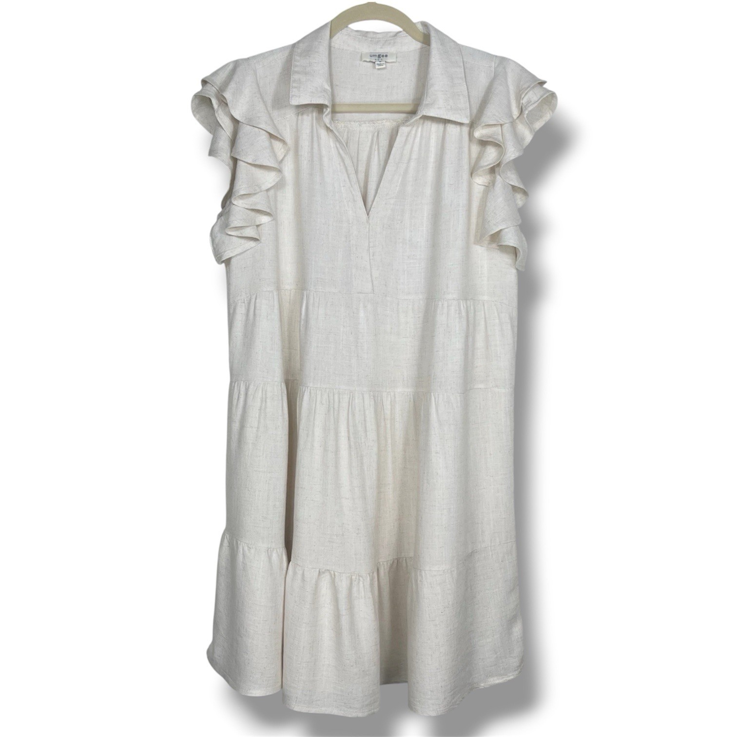 Umgee Beige Linen Blend V-neck Flutter Sleeve Tiered Midi Dress Flowy Boho, M