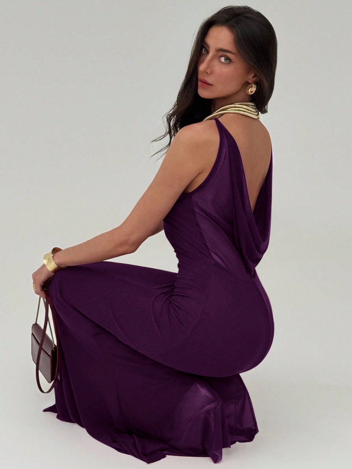 Women Elegant Pleated Plunging V Neck Maxi Dress