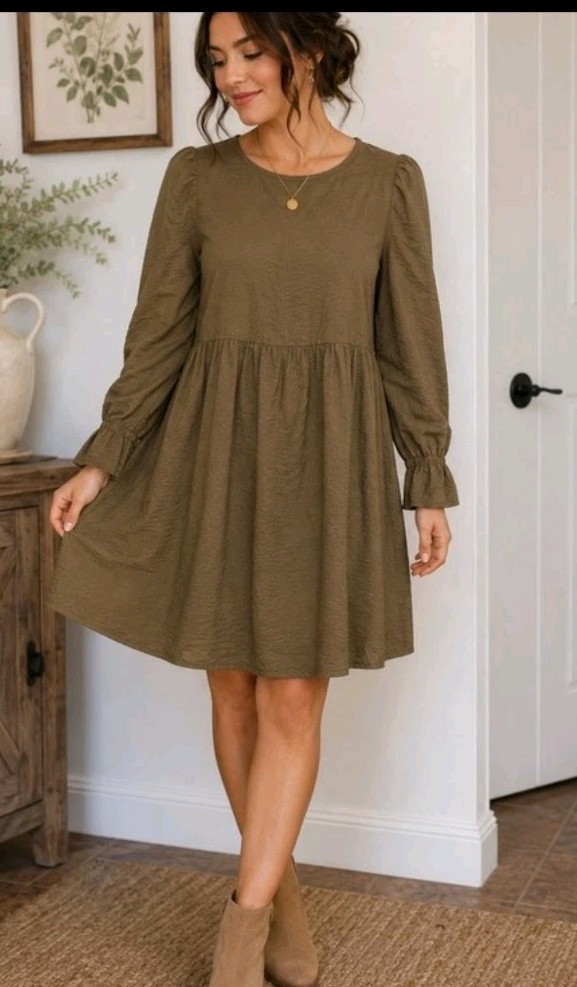 LACAUSA Olive Green Babydoll Dress Women’s XS Long Sleeve Puff Sleeve Made in US