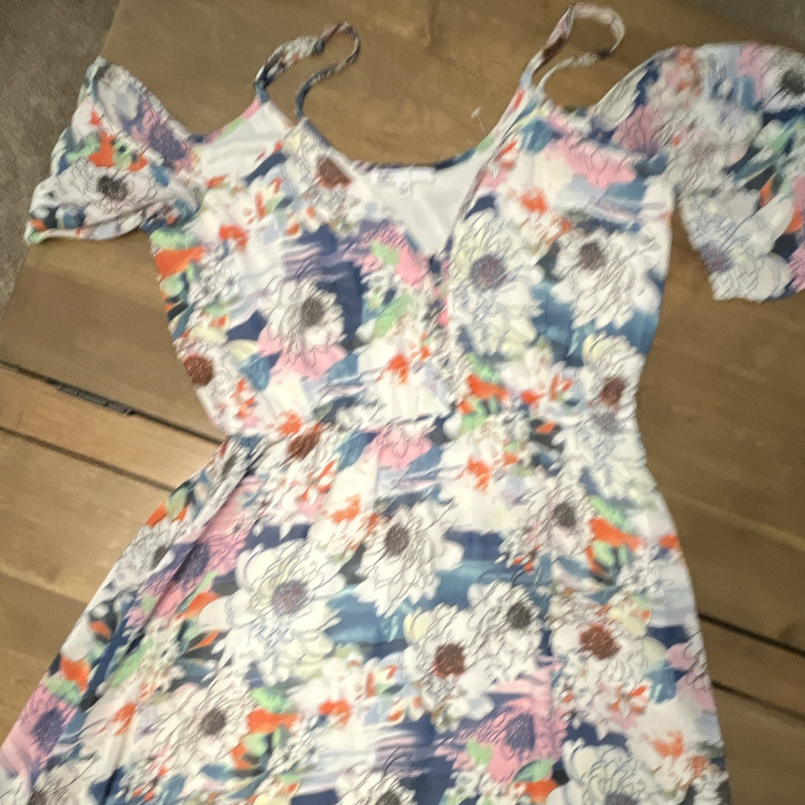 DR2 Multicolor Floral Cold Shoulder Short Sleeve long dress One-Piece XS
