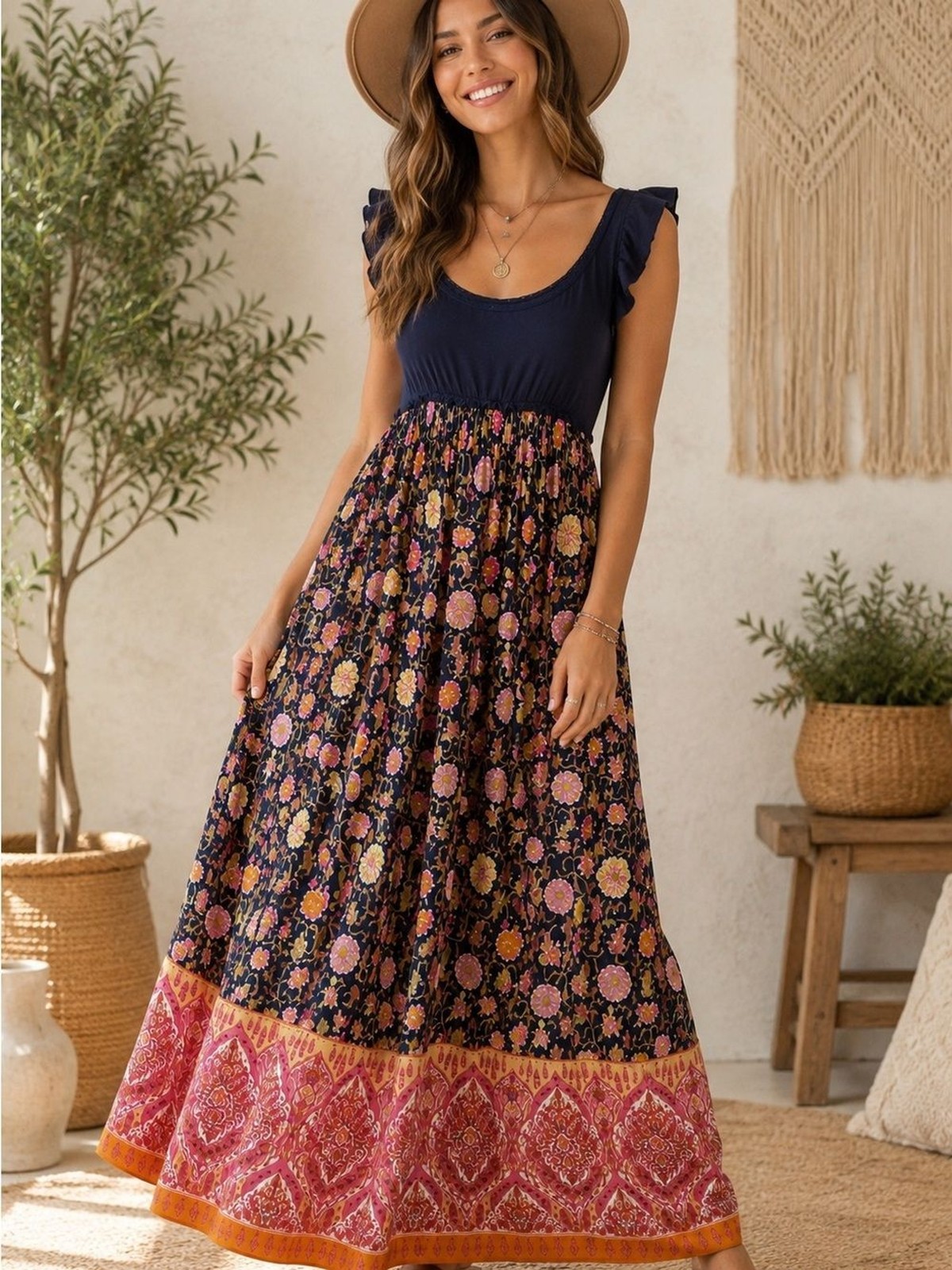 Natural Life Boho Maxi Dress Floral Border Print Navy Bodice Cottagecore