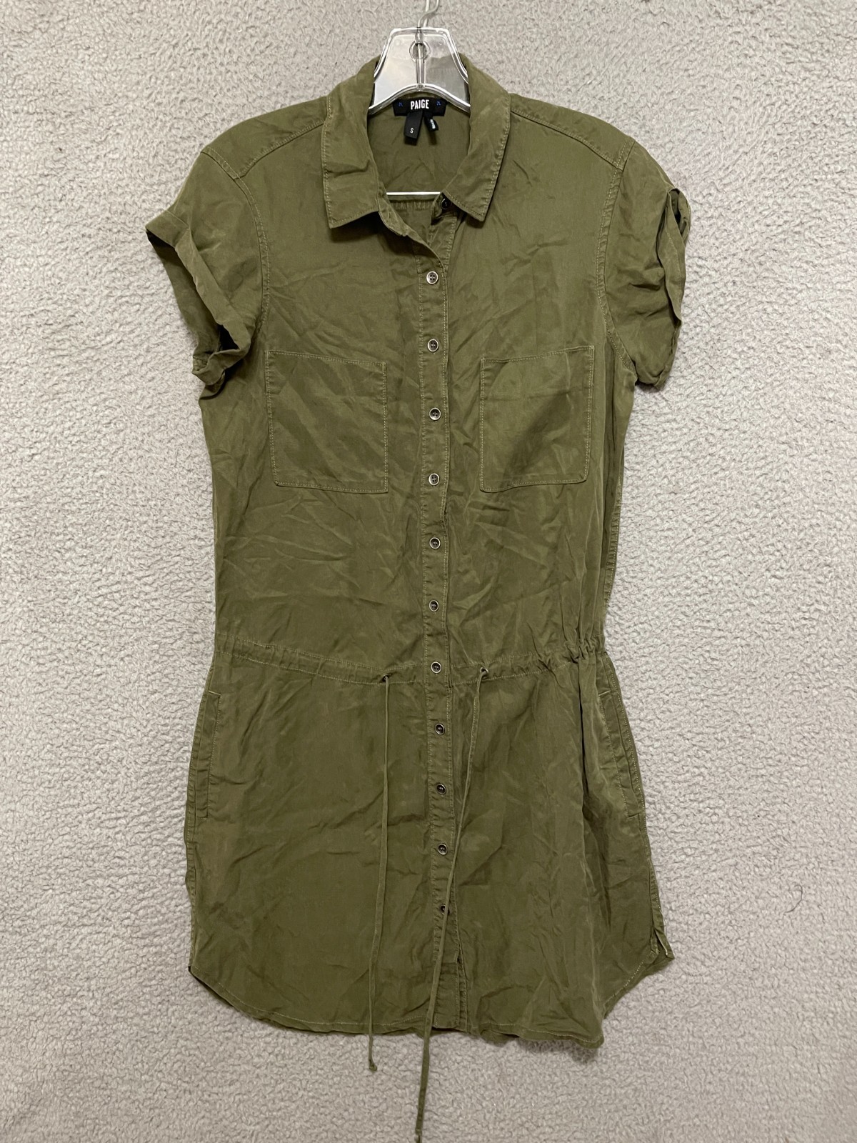 Paige Shirt Dress Womens Small Green Button Front Tencel Drawstring Pockets