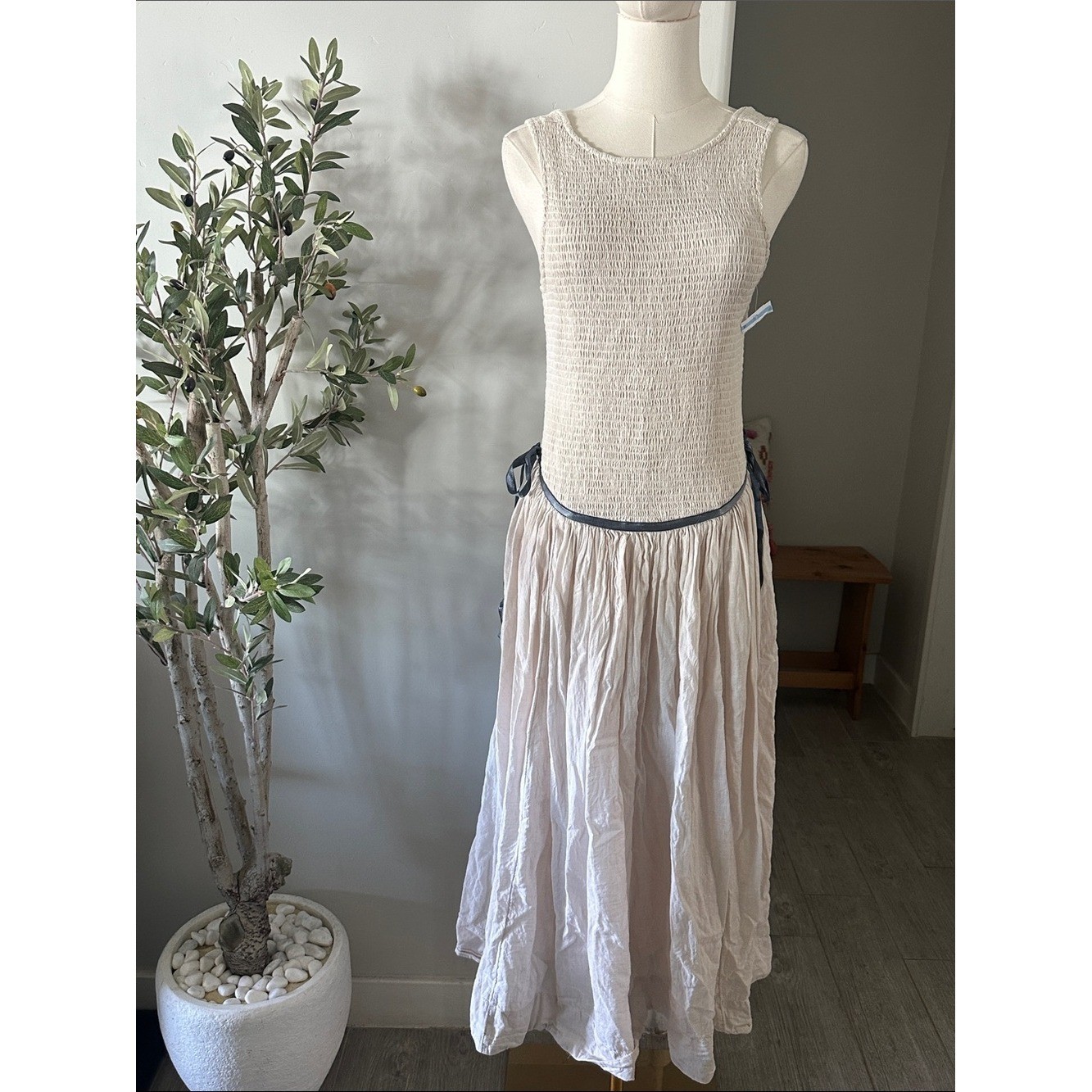 Free People Nightingale Smocked Seersucker Midi Dress in Tea Navy Combo New!