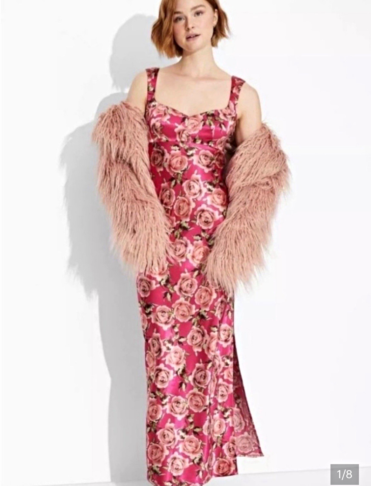Wild Fable Red Floral Satin Maxi Slip Dress Sweetheart Side Slit Size L NWT