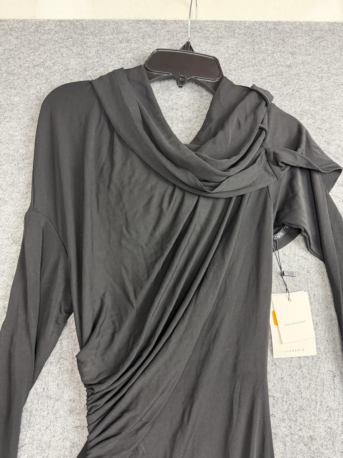 Zara Dress Womens Small Black Long Sleeve Cowl Neck Ruched Bodycon Maxi Gown