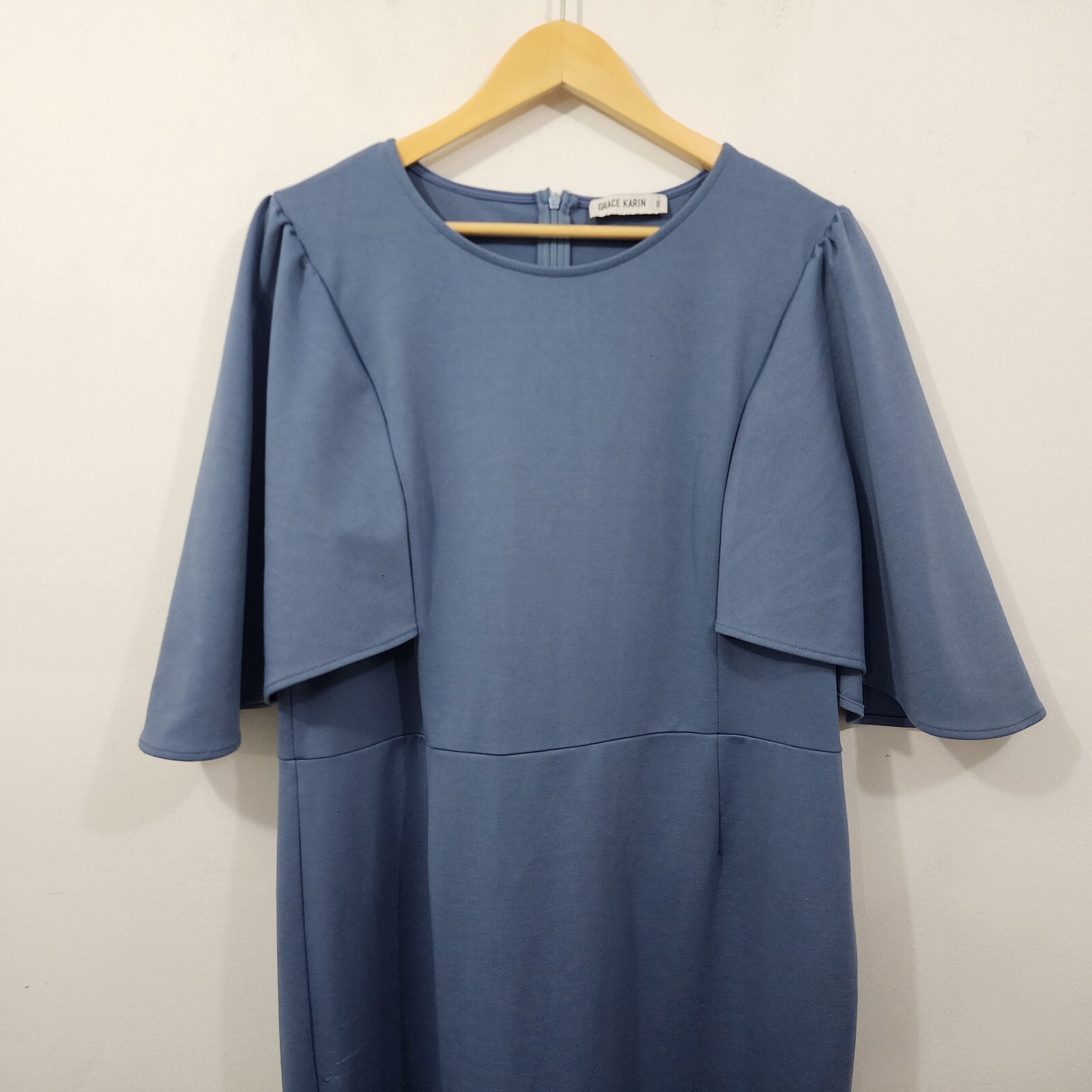 GRACE KARIN 3/4 Ruffle Sleeve Work Party Pencil Dress Blue Gray Plus Size 2XL