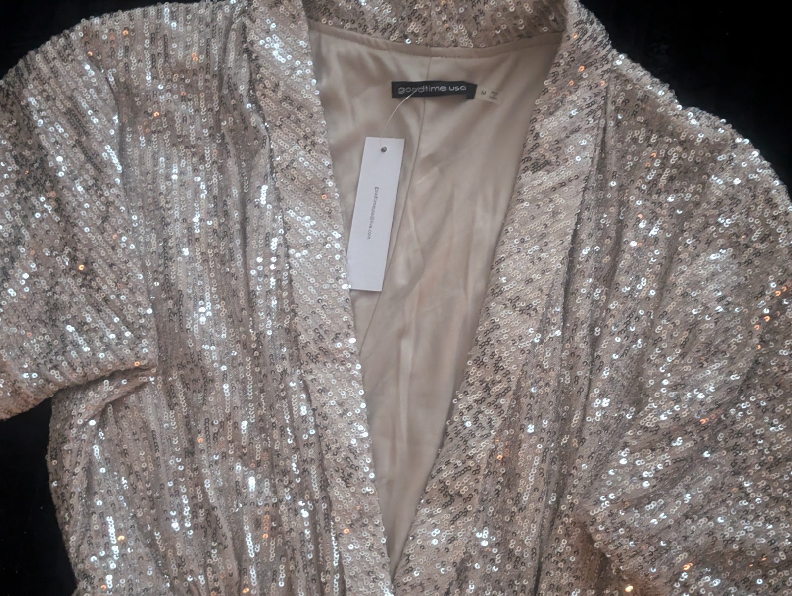 Goodtime USA Champagne Sequin Wrap V-Neck Short Romper 3/4 Sleeve M Lined