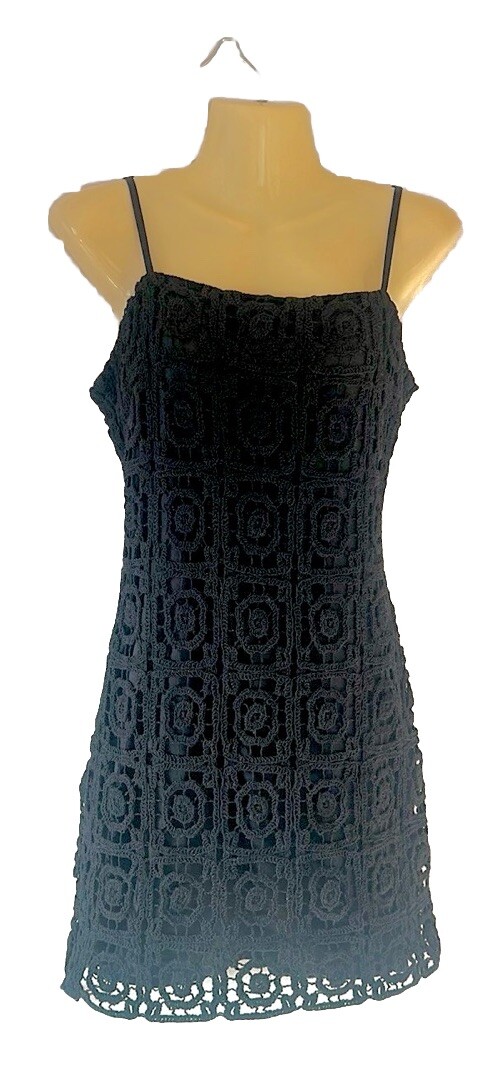 AQUA Black Crochet Overlay Mini Dress Size M