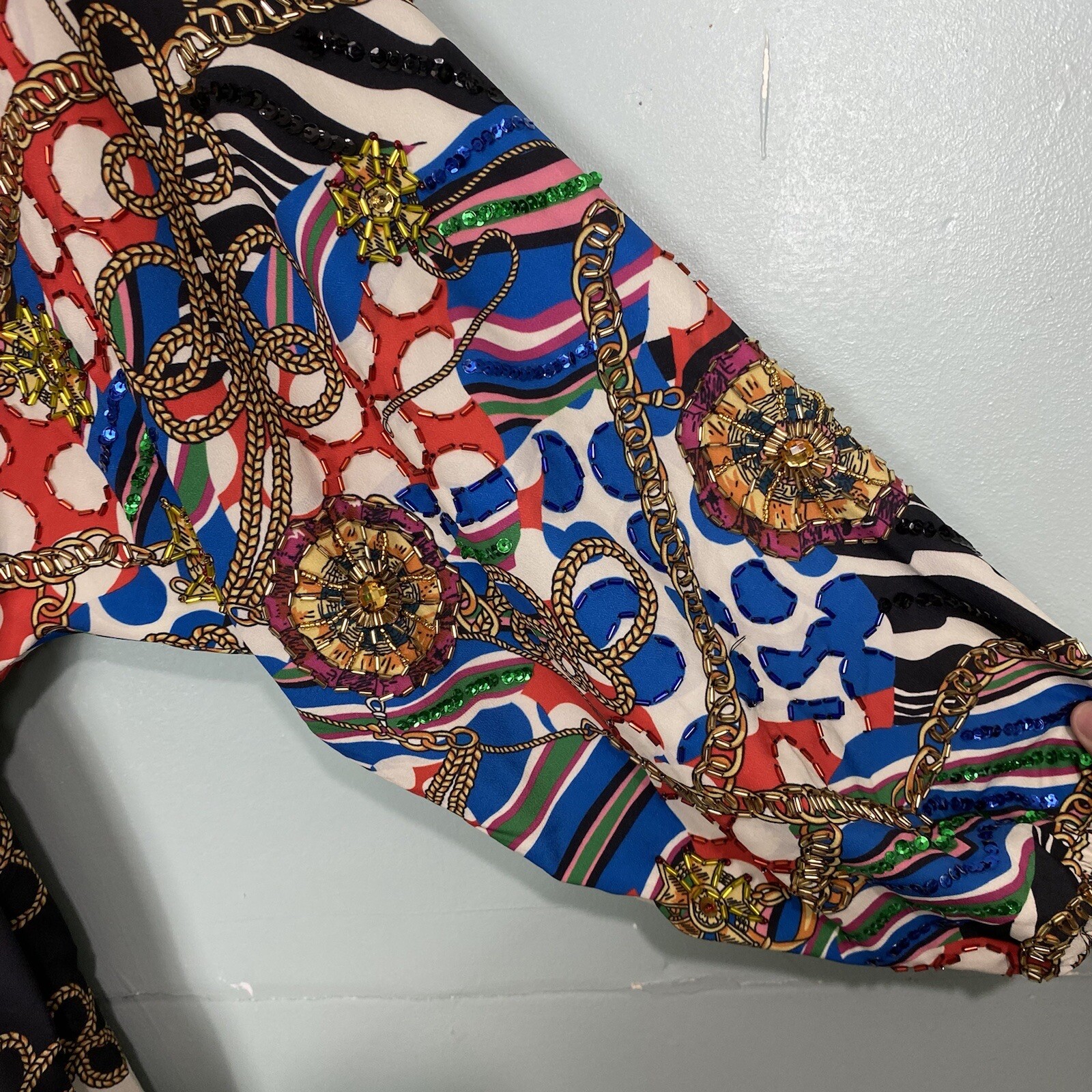Rhode Caroline Chain Print Mini Dress Beaded Colorful Fit Flare Sz Small Sequin