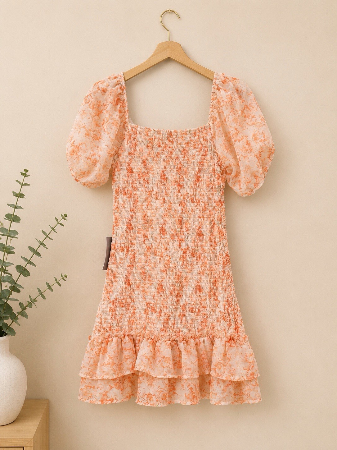 J for Justify Floral Smocked Mini Dress Peach Puff Sleeve Ruffle Hem L NWT