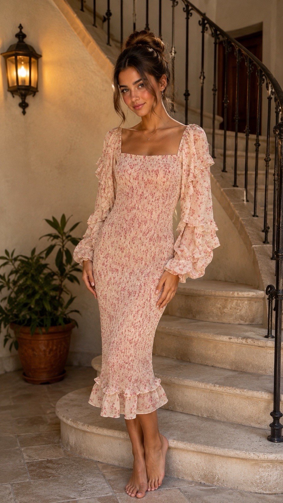 Petal & Pup Bonita Dress Womens Sz 6Pink Floral Shirred Midi Long Sleeve Bodycon