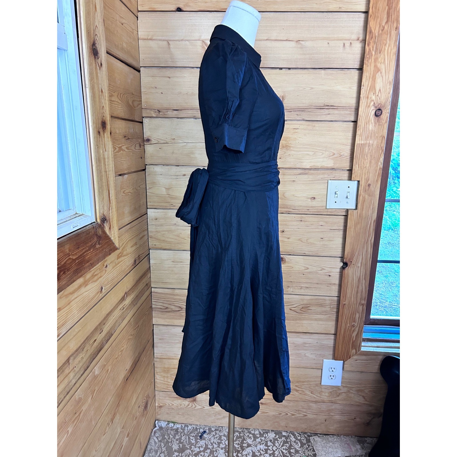 Vintage Wrap Midi Dress Womens Small Black Cotton Puff Sleeve Feline Cotage Trad
