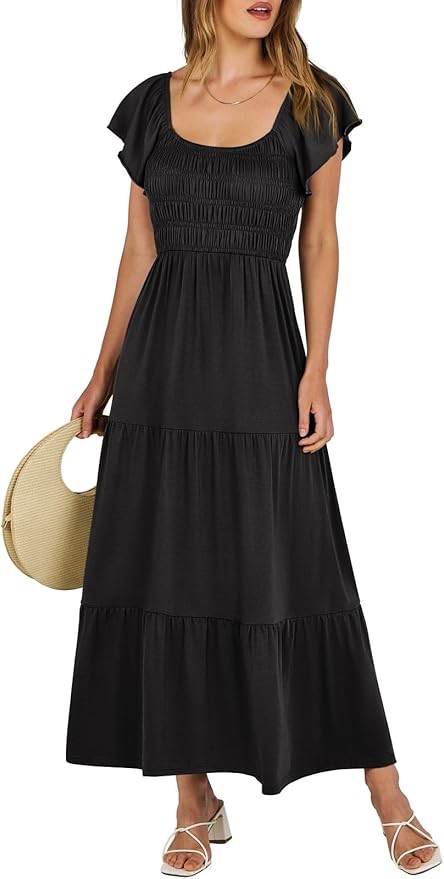 ANRABESS Women’s Casual Summer Maxi Dress Flutter Short Sleeve Scoop Neck