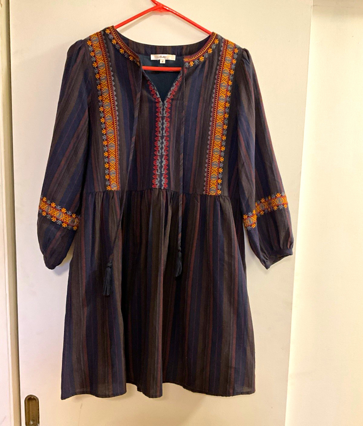 Andrée by Unit Boho S Blue Striped Embroidered V-Neck 3/4 Sleeve