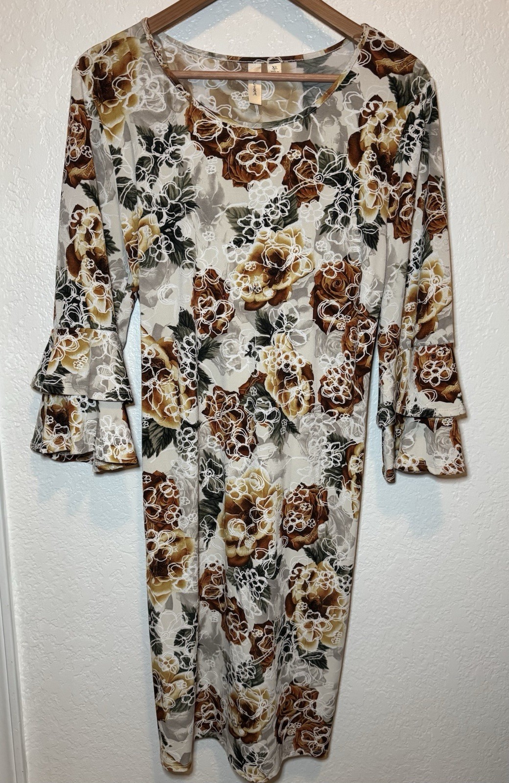 Tacera XL Floral Sheath Dress Bell Sleeve Stretch Knit Taupe Brown Midi