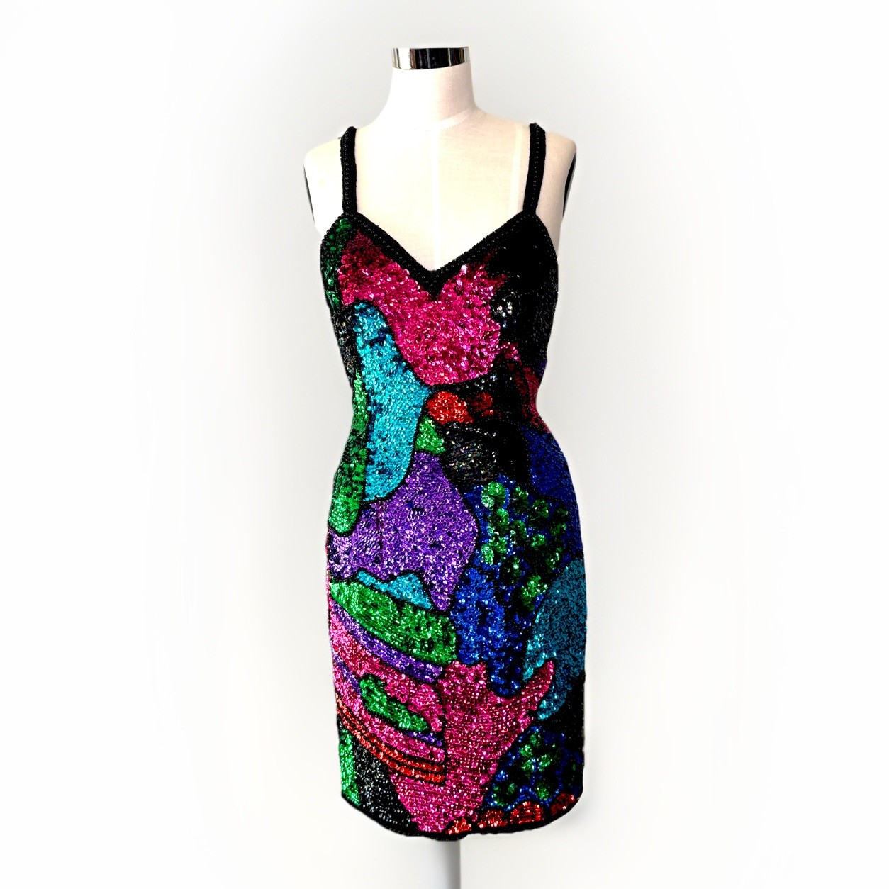 Vintage 80’s Sho Max Originals Abstract Color-block Silk Sequin Bodycon Dress S