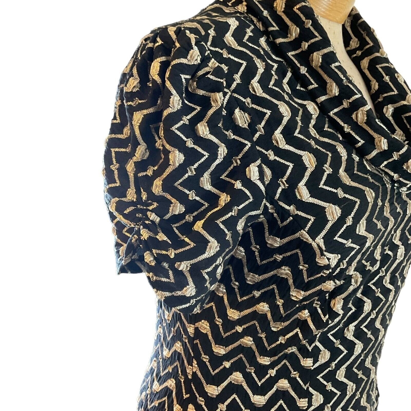 Evan-Picone Women Black Gold Chevron Sheath Dress Cowl Neck Puff Sleeve Sz 12