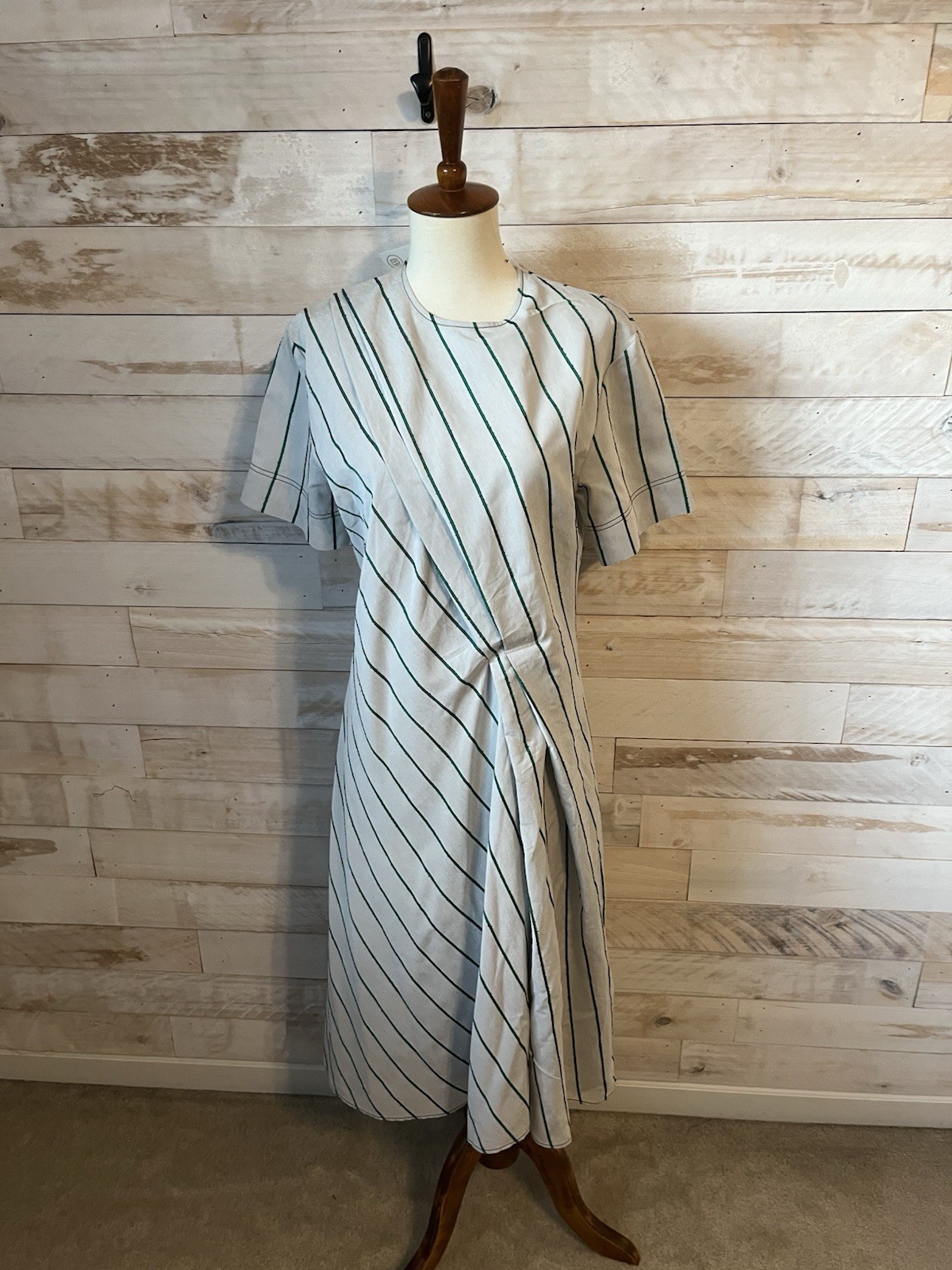 NWT cedric Charlier size 4 faux wrap midi dress in stripe zip closure green/gray